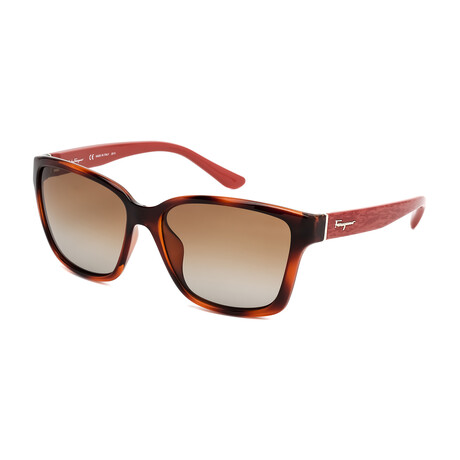 Salvatore Ferragamo Unisex Rectangle Sunglasses // Red Wood Havana + Brown Gradient