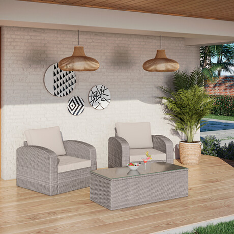 Wicker Rattan Outdoor Lounge // Large // Set of 3 (Black Rattan White Cushion)