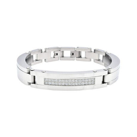 Double Row Polished Stainless Steel CZ Bangle Bracelet // 8.75"