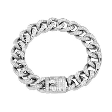 Pave CZ Polished Stainless Steel Miami Cuban Link Bracelet // 8.5"