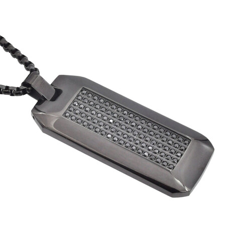 Black Stainless Steel CZ Encrusted Dog Tag Round Box Chain Necklace // 24"
