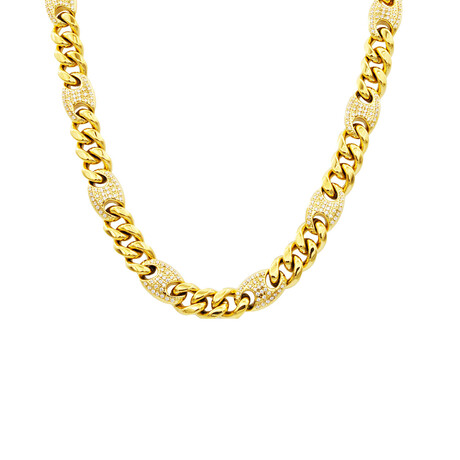 Gold Stainless Steel Mariner Curb Link CZ Chain Necklace // 24"