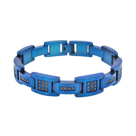 Matte Blue Stainless Steel H-Link Black CZ Bracelet // 8.5"