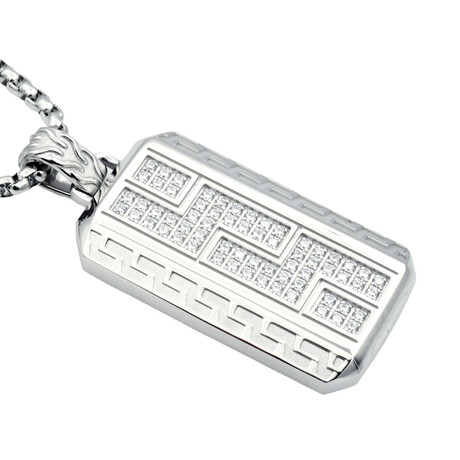 Brushed + Polished Stainless Steel Greek Key CZ Dog Tag Round Box Chain Necklace // 24"