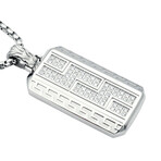 Brushed + Polished Stainless Steel Greek Key CZ Dog Tag Round Box Chain Necklace // 24"