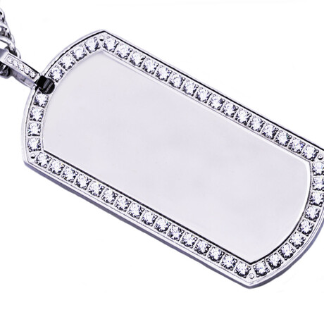 Polished Stainless Steel CZ Dog Tag Curb Chain Necklace // 24"