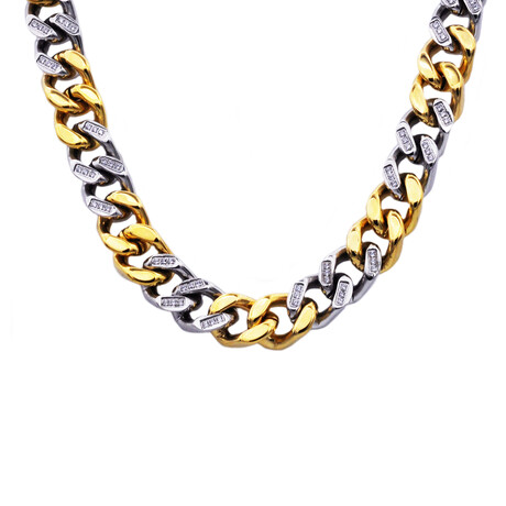 Two-Tone Gold Stainless Steel Cuban Link CZ Chain Necklace // 24"