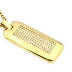Gold Stainless Steel CZ Encrusted Dog Tag Round Box Chain Necklace // 24"