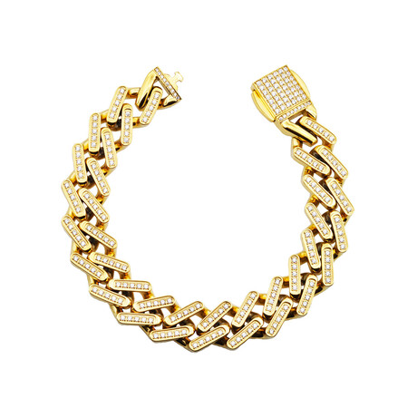 Gold Stainless Steel CZ Encrusted Monaco Link Bracelet // 8.5"
