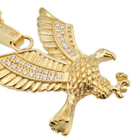 Gold Stainless Steel CZ Eagle Pendant Curb Chain Necklace // 24"