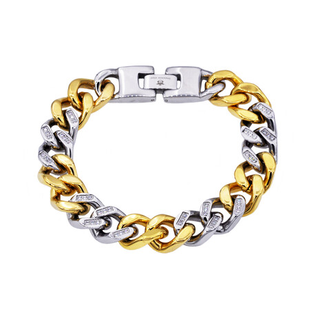 Two-Tone Gold Stainless Steel Cuban Link CZ Bracelet // 8.5"