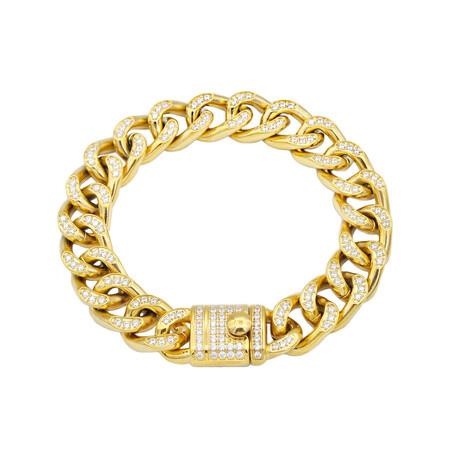 Pave CZ Gold Stainless Steel Miami Cuban Link Bracelet // 8.5"