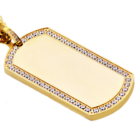 Gold Stainless Steel CZ Dog Tag Curb Chain Necklace // 24"