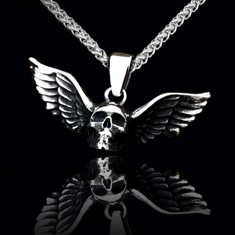 Skull Wings Oxidized Pendant Necklace // 20" // Silver