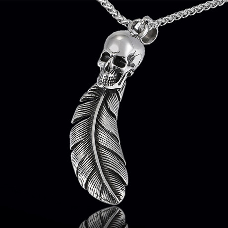 Skull Feather Pendant Necklace // 20" // Silver