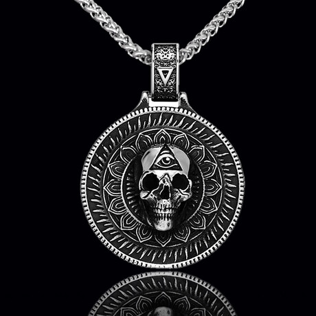 Round Skull Pendant Necklace // 20" // Silver