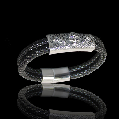 Triple Skull Bar Braided Bracelet // 8.6" // Silver