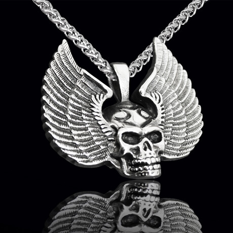 Skull Wings Pendant Necklace // 20" // Silver