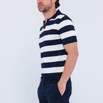 V-Neck Short Sleeve Polo Shirt // Striped Navy + Ecru (S)