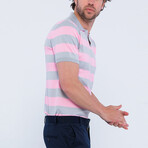 V-Neck Short Sleeve Polo Shirt // Striped Pink + Gray (L)