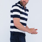 V-Neck Short Sleeve Polo Shirt // Striped Navy + Ecru (S)