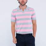 V-Neck Short Sleeve Polo Shirt // Striped Pink + Gray (3XL)