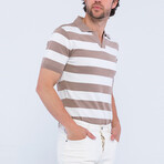 V-Neck Short Sleeve Polo Shirt // Striped Brown + Ecru (XL)