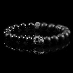 Steel Skull + Matte and Polished Onyx Stone Stretch Bracelet // 8.25"