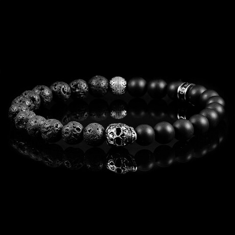 Steel Skull + Lava + Matte Onyx Stone Stretch Bracelet // 8.5"