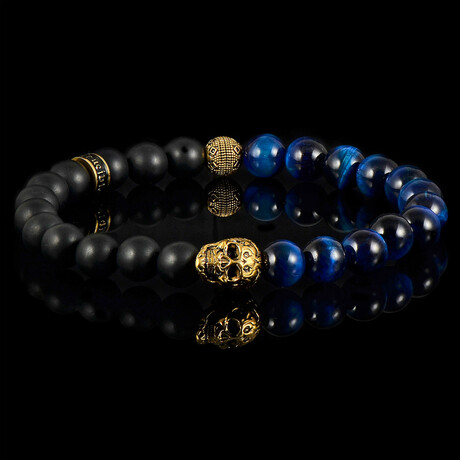 Gold Plated Steel Skull + Blue Tiger Eye + Matte Onyx Stone Stretch Bracelet // 8.5"