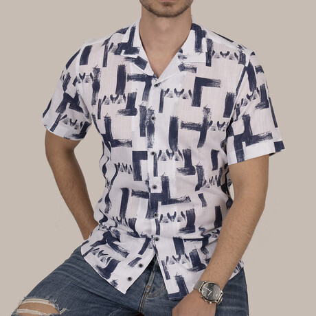 Alfie Button-Up // White + Navy Blue (S)