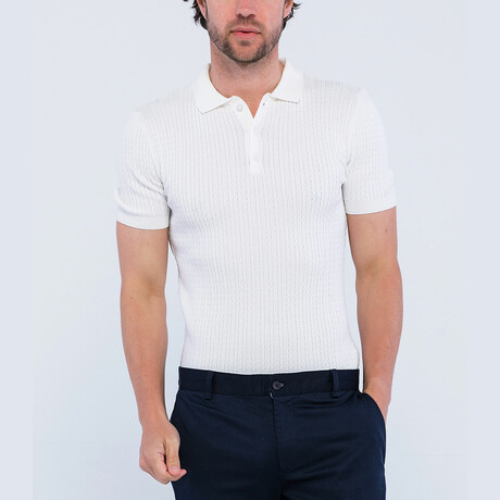 Cable Knit Short Sleeve Polo Shirt // Ecru (S)