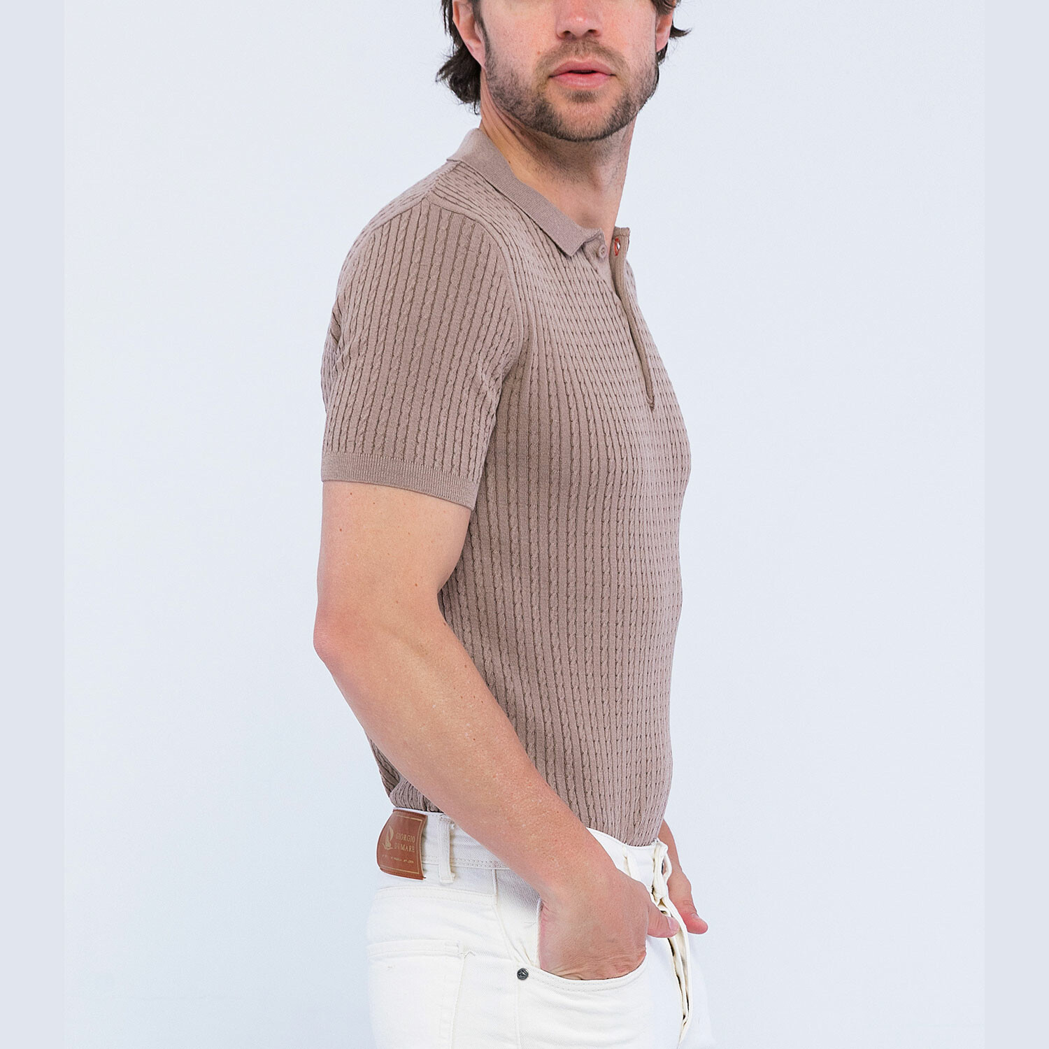 Cable Knit Short Sleeve Polo Shirt // Light Brown (3XL) - Giorgio di ...