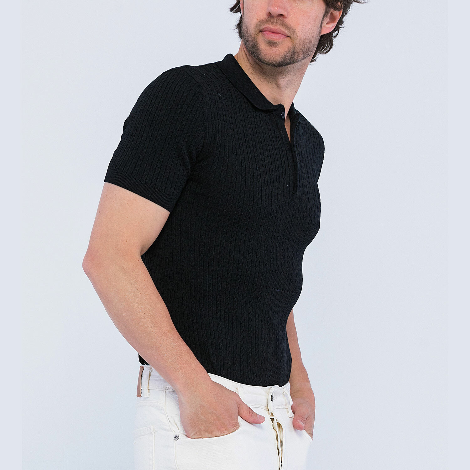 Cable Knit Short Sleeve Polo Shirt // Black (L) - Giorgio di Mare ...