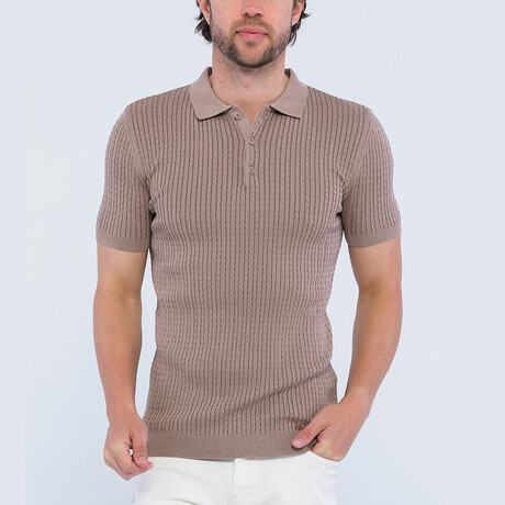 Cable Knit Short Sleeve Polo Shirt // Light Brown (S)
