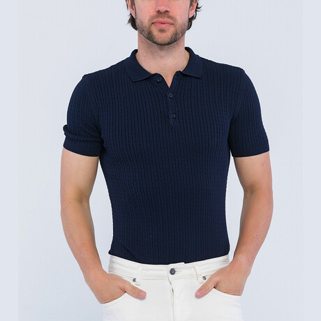 Cable Knit Short Sleeve Polo Shirt // Navy (S)