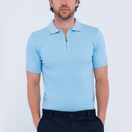Checker Texture Short Sleeve Polo Shirt // Light Blue (XL)