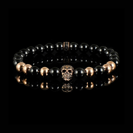Rose Gold Plated Skull + Onyx Stone Stretch Bracelet // 8"