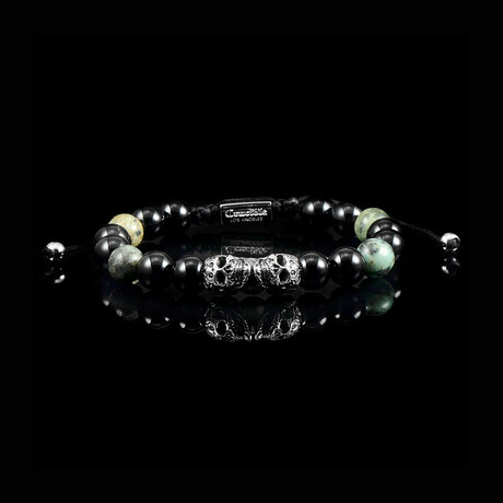 African Turquoise + Onyx + Double Skull Adjustable Bracelet // 8.25"