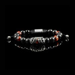 Red Tiger Eye + Onyx + Double Skull Adjustable Bracelet // 8.25"