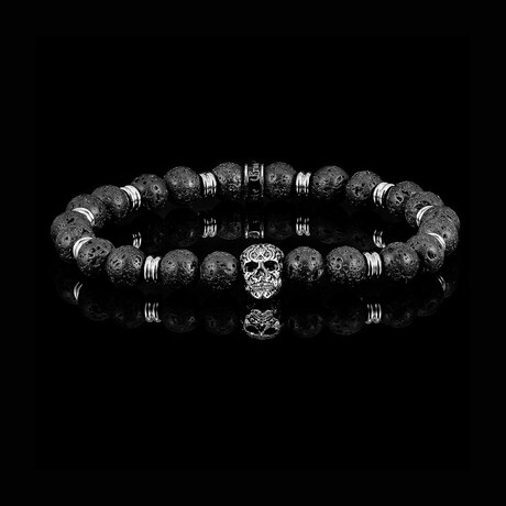 Stainless Steel Skull + Lava Stones Stretch Bracelet // 8.5"