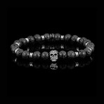 Stainless Steel Skull + Lava Stones Stretch Bracelet // 8.5"