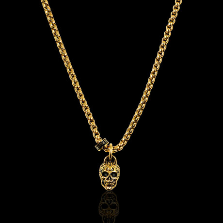 Polished + Antiqued Gold Plated Small Skull Stainless Steel Pendant // 24"