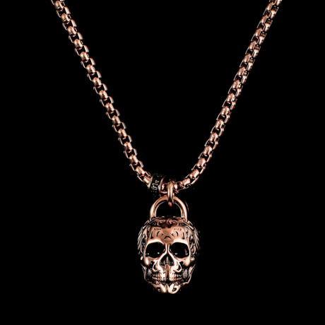 Antique + Polished Rose Gold Plated Stainless Steel Large Skull Pendant Necklace // 24"