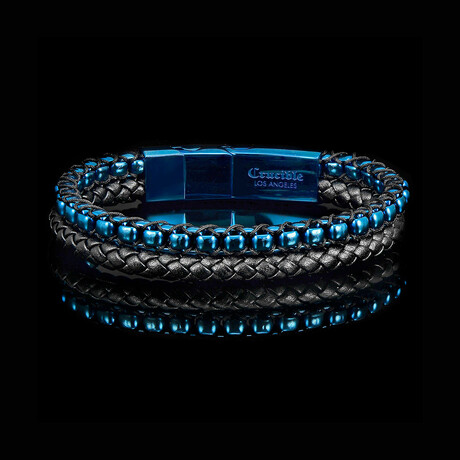 Blue Plated Stainless Steel Box Chain + Leather Cuff Bracelet // 8.5"