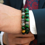 Skull Bead + Green Tiger Eye + Moss Agate + Tiger Eye + Labradorite + Onyx Bracelet // 8"