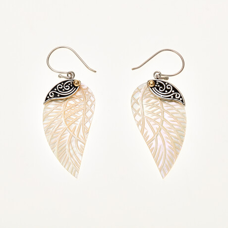 Bali Sterling Silver + 18K Yellow Gold Carved Mother of Pearl Wing Earrings // White
