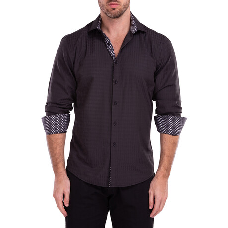 Diamond Texture + Solid Long Sleeve Button-Up Shirt // Black (XS)