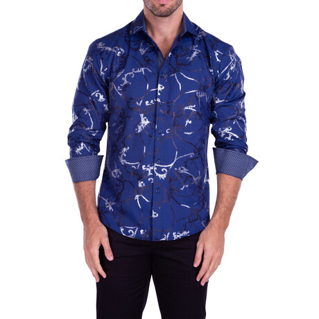 Abstract Chain Print Long Sleeve Button-Up Shirt // Navy (2XL)