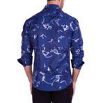 Abstract Chain Print Long Sleeve Button-Up Shirt // Navy (L)